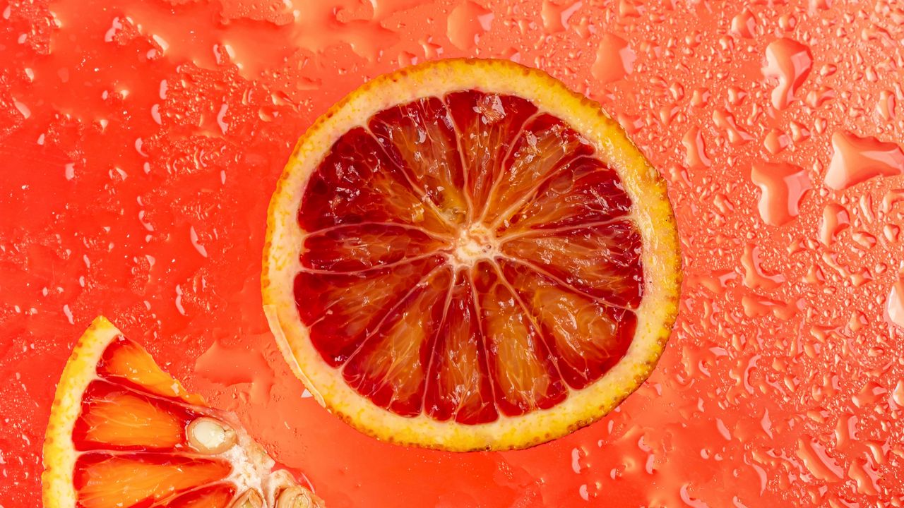 Обои апельсин, цитрус, дольки, свежий, красный