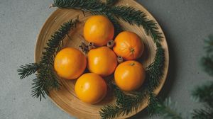 Превью обои апельсины, фрукты, цитрус, ветки, специи