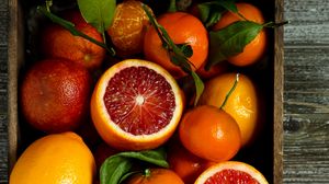 Превью обои апельсины, грейпфрут, фрукты, корзина