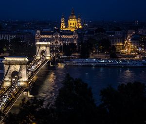 Превью обои архитектура, ночной город, здания, мост, река