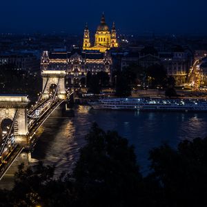 Превью обои архитектура, ночной город, здания, мост, река