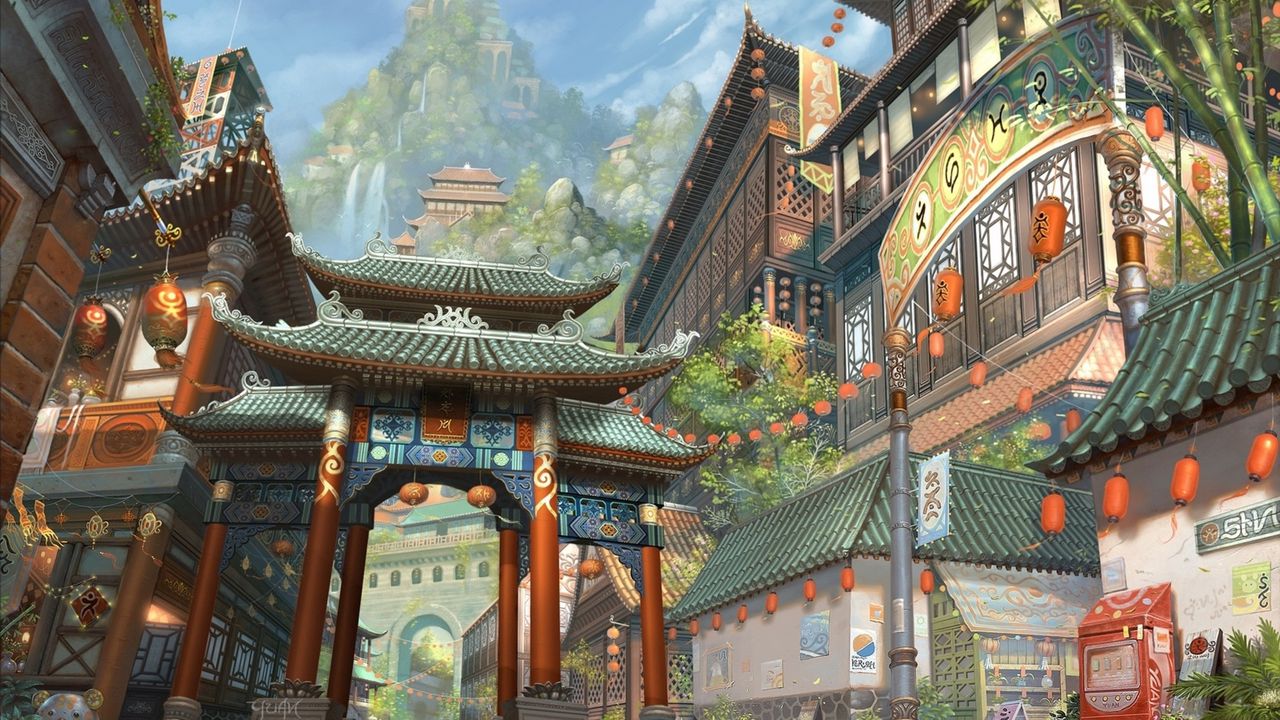 Обои арт, азия, здания, гора, бамбук, фонари, водопады, город