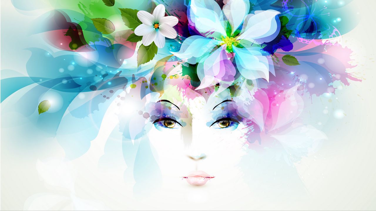 Обои арт, девушка, взгляд, цветы, лепестки, бабочка, листья, брызги