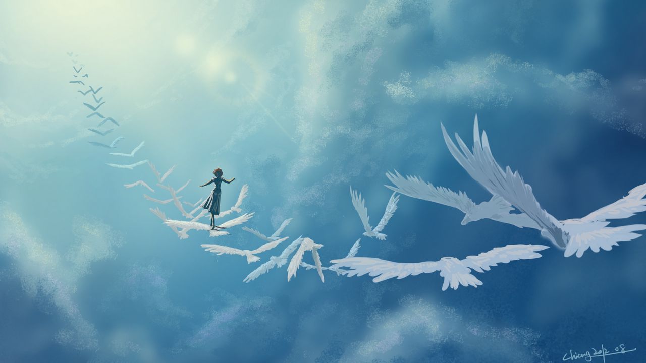 Обои арт, в небе, птицы, девушка, фантазия, облака