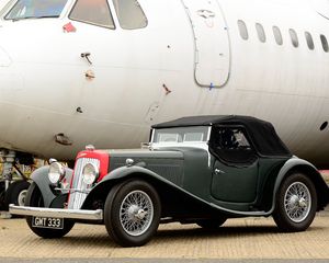 Превью обои aston martin, 1937, черный, зеленый, вид сбоку, стиль, астон мартин, авто, самолет