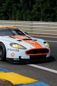 Превью обои астон мартин, 2008, белый, вид сбоку, стиль, спорт, aston martin, dbr9, авто, деревья, асфальт