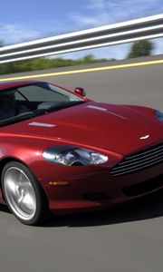 Превью обои астон мартин, 2008, красный, вид сбоку, стиль, aston martin, db9, авто, скорость, деревья, асфальт