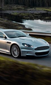 Превью обои астон мартин, 2008, серебряный металлик, вид сбоку, авто, aston martin, dbs, природа, скорость