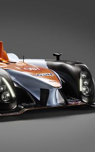 Превью обои aston martin, amr-one, lmp1, 2011, черный, оранжевый, вид спереди, гоночный болид, астон мартин