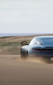 Превью обои aston martin db11, aston martin, спорткар, синий, вид сзади, пустыня, песок