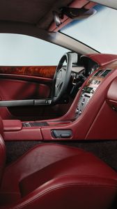 Превью обои aston martin, db9, 2004, красный, салон, интерьер, руль