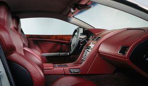 Превью обои aston martin, db9, 2004, красный, салон, интерьер, руль