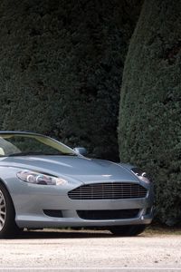 Превью обои aston martin, db9, 2004, голубой, вид сбоку, стиль, авто, астон мартин, кустарники