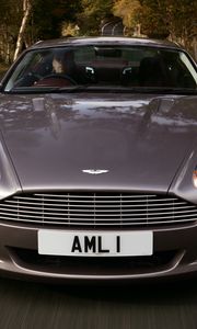 Превью обои aston martin, db9, 2004, серый, вид спереди, стиль, спорт, астон мартин, авто, скорость, деревья