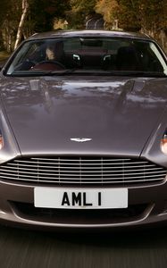 Превью обои aston martin, db9, 2004, серый, вид спереди, стиль, спорт, астон мартин, авто, скорость, деревья