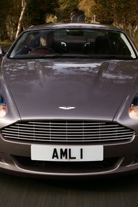 Превью обои aston martin, db9, 2004, серый, вид спереди, стиль, спорт, астон мартин, авто, скорость, деревья