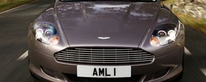 Превью обои aston martin, db9, 2004, серый, вид спереди, стиль, спорт, астон мартин, авто, скорость, деревья