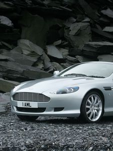 Превью обои aston martin, db9, 2004, серебряный металлик, вид спереди, спорт, авто