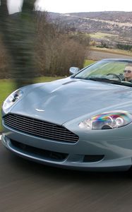 Превью обои aston martin, db9, 2004, голубой, вид спереди, авто, астон мартин, скорость, деревья, природа