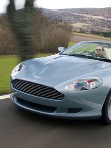 Превью обои aston martin, db9, 2004, голубой, вид спереди, авто, астон мартин, скорость, деревья, природа