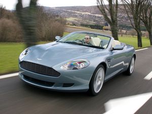 Превью обои aston martin, db9, 2004, голубой, вид спереди, авто, астон мартин, скорость, деревья, природа