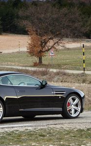 Превью обои aston martin, db9, 2006, черный, вид сбоку, стиль, спорт, астон мартин, авто, природа, деревья