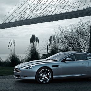 Превью обои aston martin, db9, 2008, серый, вид сбоку, стиль, астон мартин, авто, природа, дерево