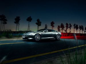 Превью обои aston martin, db9, авто, ночь, дорога, вид сбоку