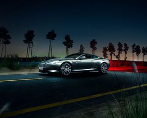 Превью обои aston martin, db9, авто, ночь, дорога, вид сбоку