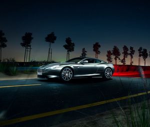 Превью обои aston martin, db9, авто, ночь, дорога, вид сбоку