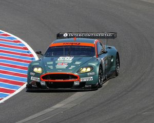 Превью обои aston martin, dbr9, 2005, зеленый, вид спереди, стиль, спорт, астон мартин, авто, гоночный болид, асфальт