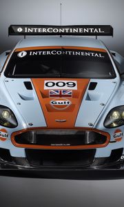 Превью обои aston martin, dbr9, 2008, белый, оранжевый, вид спереди, стиль, спорт, авто