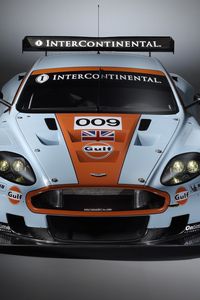 Превью обои aston martin, dbr9, 2008, белый, оранжевый, вид спереди, стиль, спорт, авто