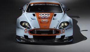 Превью обои aston martin, dbr9, 2008, белый, оранжевый, вид спереди, стиль, спорт, авто