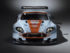 Превью обои aston martin, dbr9, 2008, белый, оранжевый, вид спереди, стиль, спорт, авто