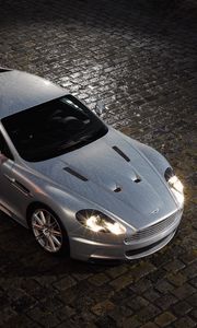 Превью обои aston martin, dbs, 2008, серебряный металлик, вид сверху, стиль, астон мартин, авто, дождь