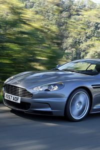 Превью обои aston martin, dbs, 2008, серый, вид сбоку, спорт, астон мартин, авто, деревья