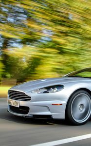 Превью обои aston martin, dbs, 2008, серебряный металлик, вид сбоку, спорт, астон мартин, асфальт