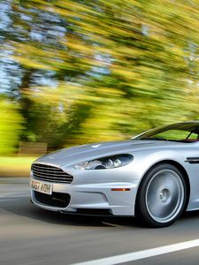 Превью обои aston martin, dbs, 2008, серебряный металлик, вид сбоку, спорт, астон мартин, асфальт