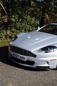 Превью обои aston martin dbs, 2008, белый, вид спереди, трава, астон мартин, деревья