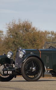 Превью обои aston martin, international, 1929, зеленый, вид сбоку, ретро, деревья