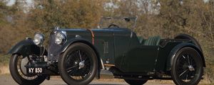 Превью обои aston martin, international, 1929, зеленый, вид сбоку, ретро, деревья