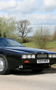 Превью обои aston martin lagonda, 1987, черный, вид сбоку, астон мартин, природа, асфальт