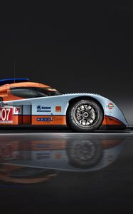 Превью обои aston martin, lmp1, 2009, белый, оранжевый, вид сбоку, спорт, астон мартин, авто