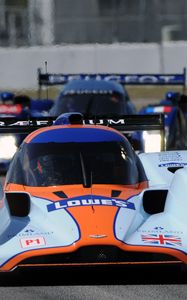 Превью обои aston martin, lmp1, 2009, белый, оранжевый, вид спереди, спорт, астон мартин, гонка, асфальт