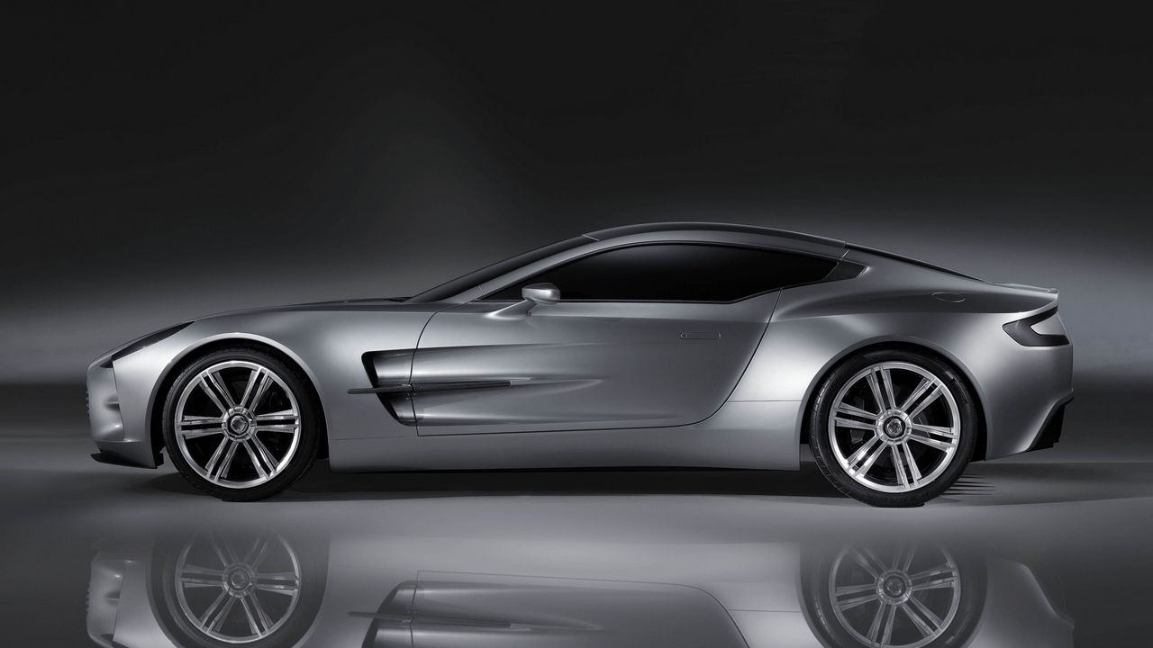 Обои aston martin, one-77, 2008, концепт кар, серый, вид сбоку, астон мартин, отражение