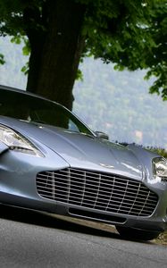 Превью обои aston martin, one-77, 2009, голубой, вид спереди, природа