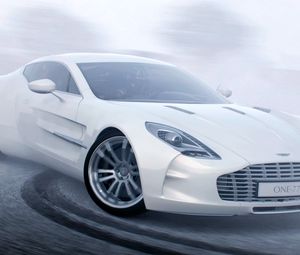 Превью обои aston martin one 77, aston martin, белый, спорткар, дрифт, вид сбоку