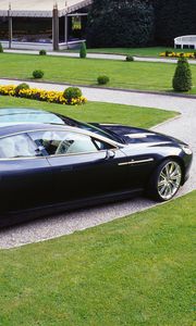 Превью обои aston martin, rapide, 2006, черный, вид сбоку, концепт кар, астон мартин, трава