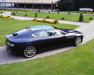 Превью обои aston martin, rapide, 2006, черный, вид сбоку, концепт кар, астон мартин, трава